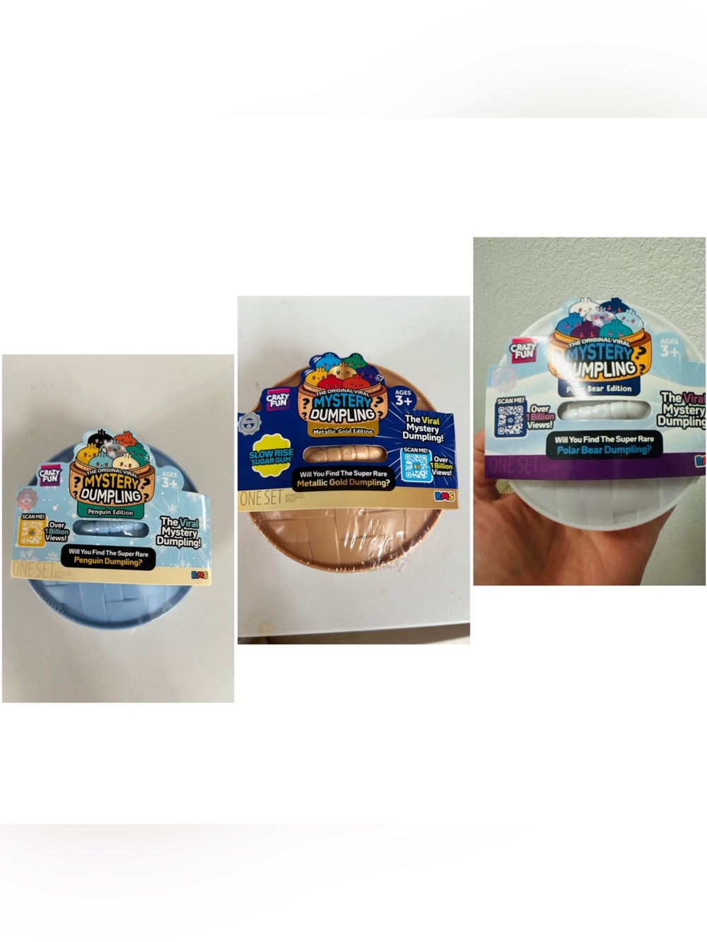 3 pack of RMS Mystery Dumpling 1 metallic gold, penguin, and polar bear